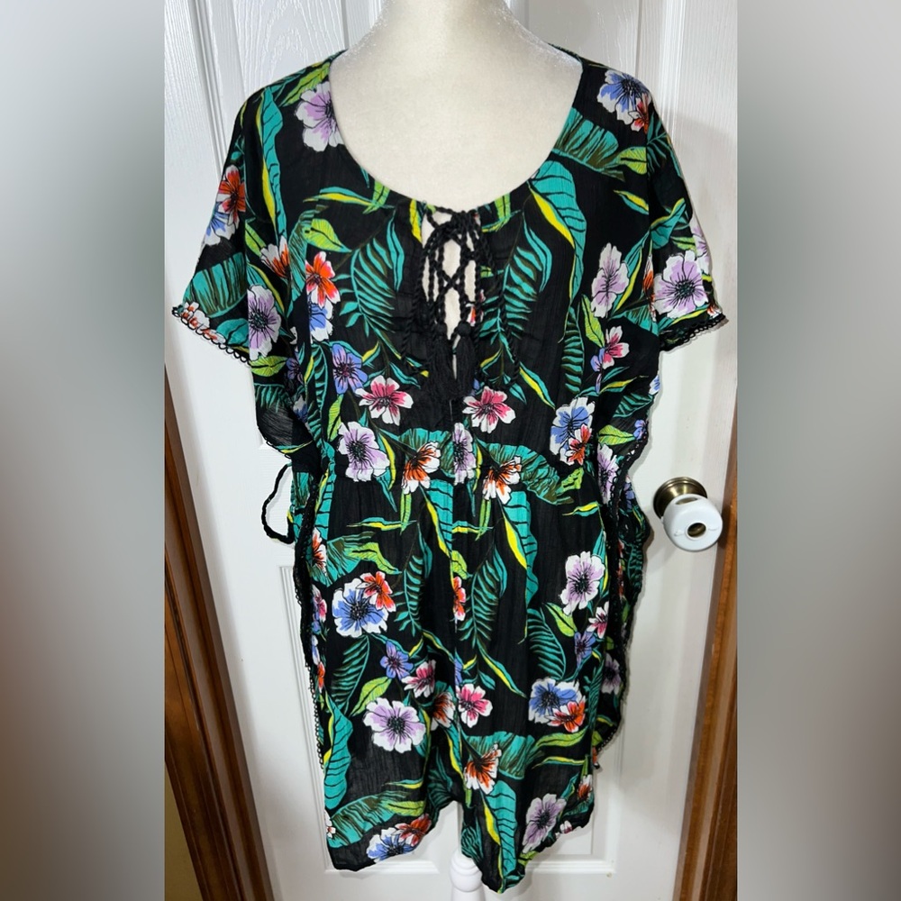 Old Navy Tropical Blouse Tunic Top Floral Botanical Multicolor Caftan Kaftan L